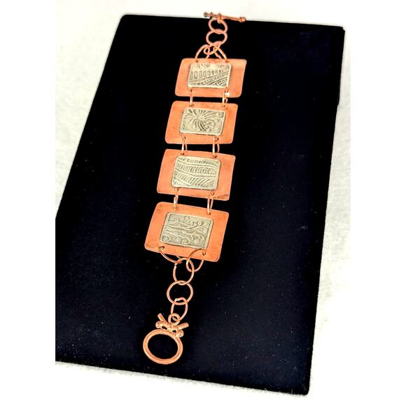 Copper links + Etched German silver(nickel) light oxydized 7.75" NWT signed OOAK - Picture 6 of 8